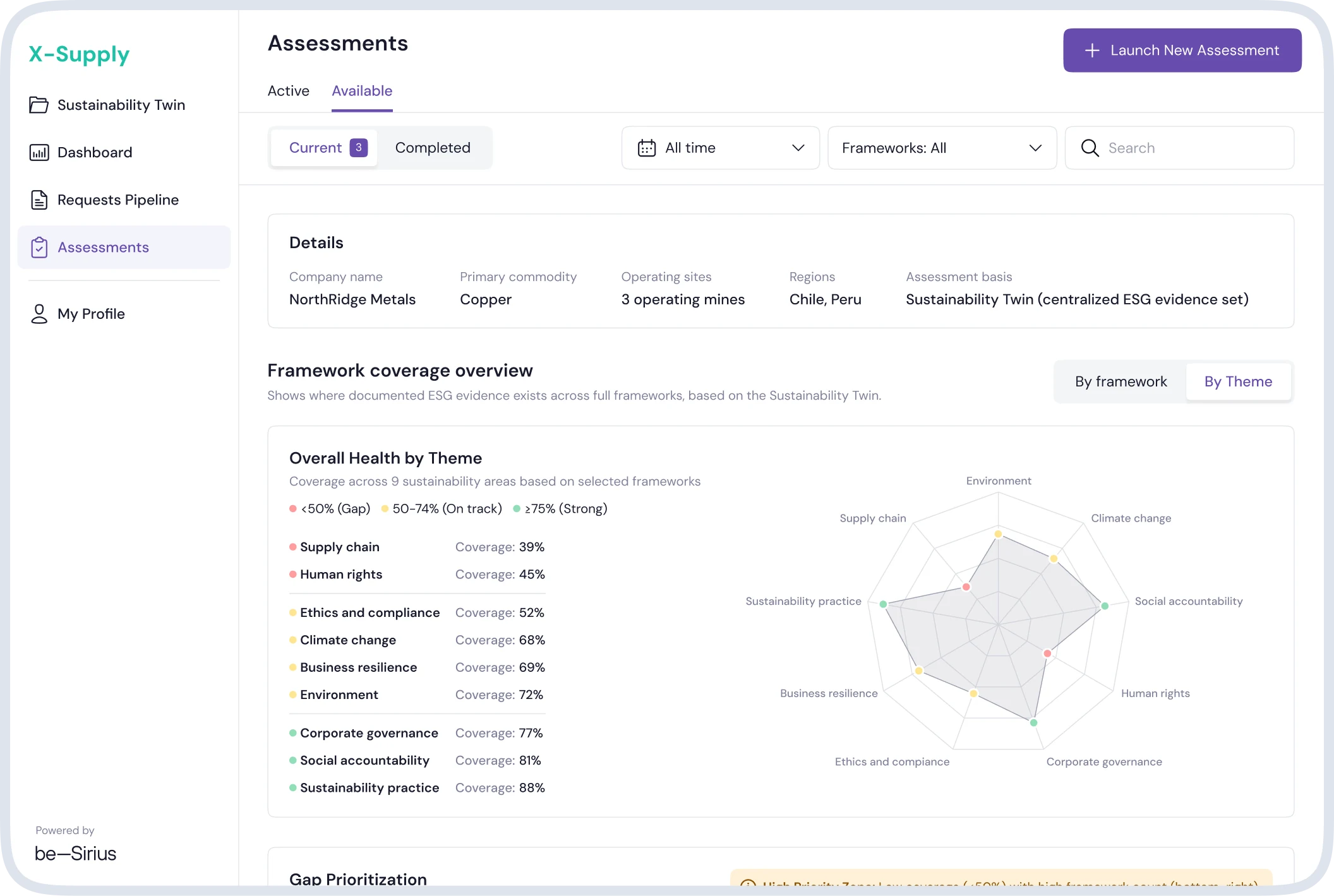 Assessment overview with framework coverage, company data and overall status by sustainability topic