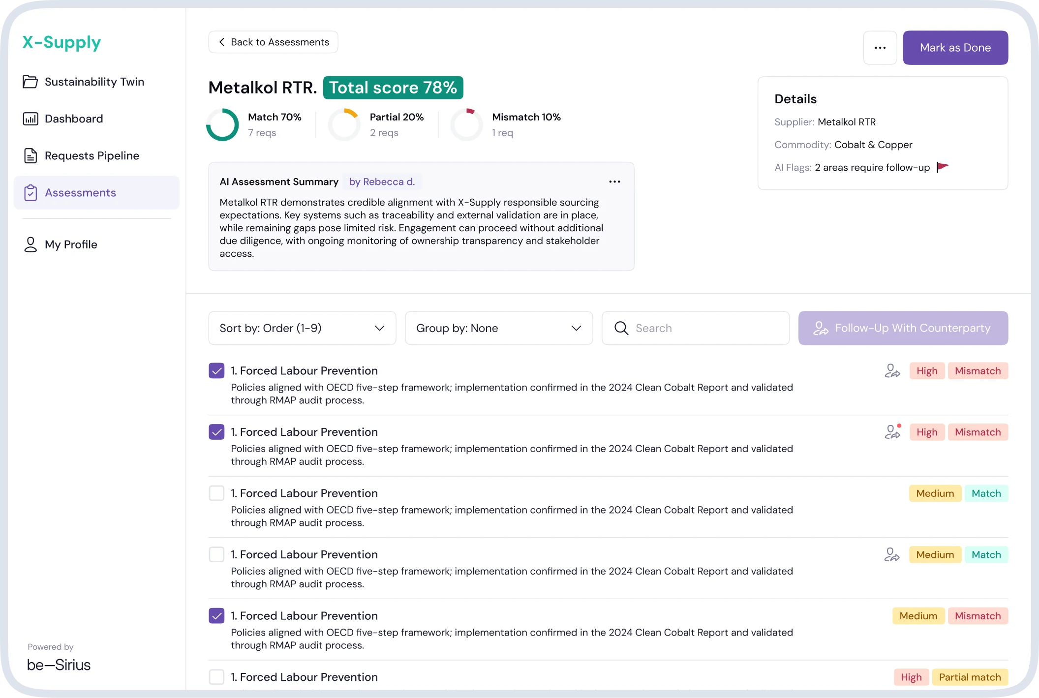 Assessment result page with the total score, compliance breakdown, AI summary, flagged areas and criterion-level checks