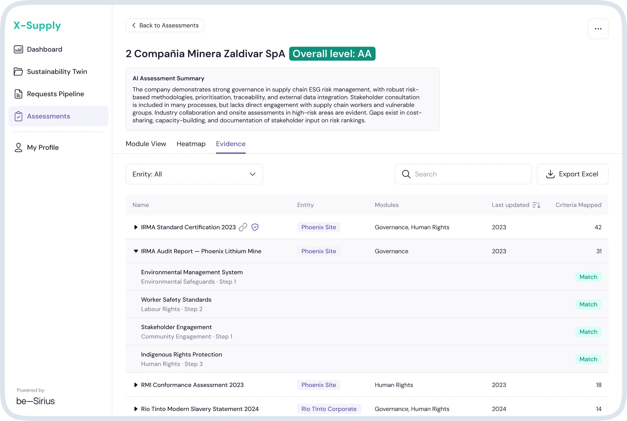 Evidence screen with matched documents, modules, criteria and supporting assessment results