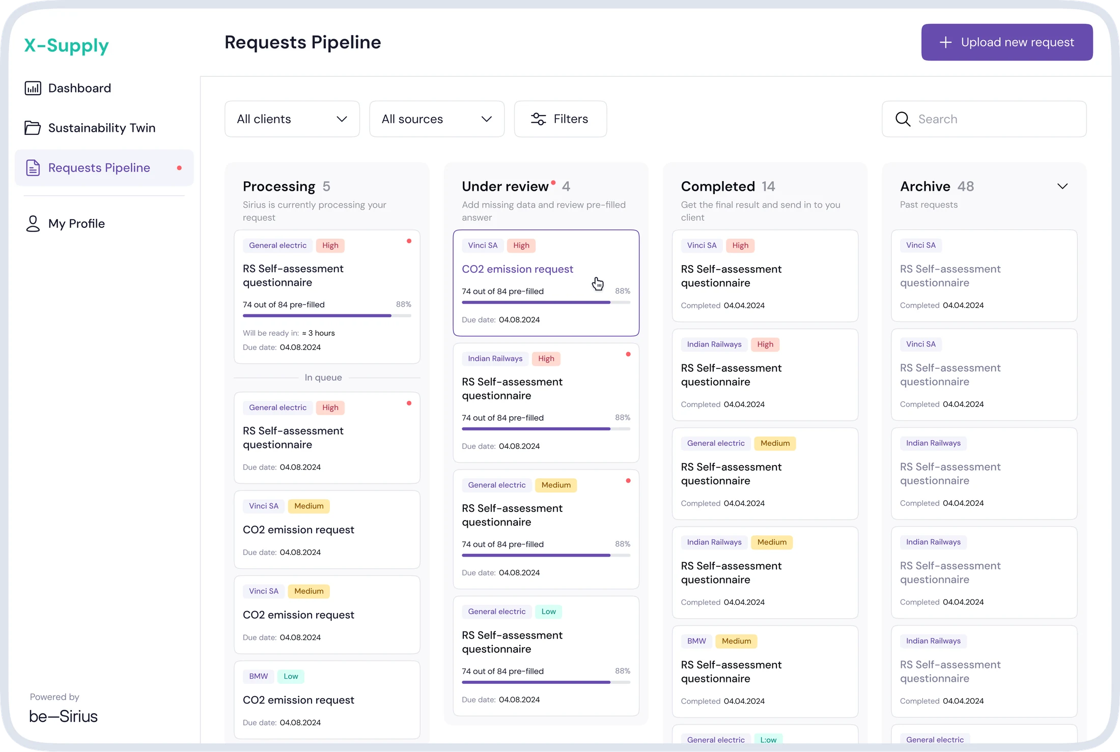 Client request pipeline tracking sustainability questionnaires by status, priority and completion progress