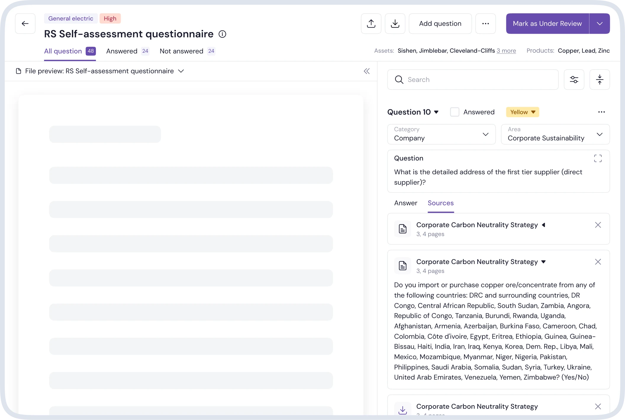 Admin workspace with document preview, question review, answer editing and source validation in one interface