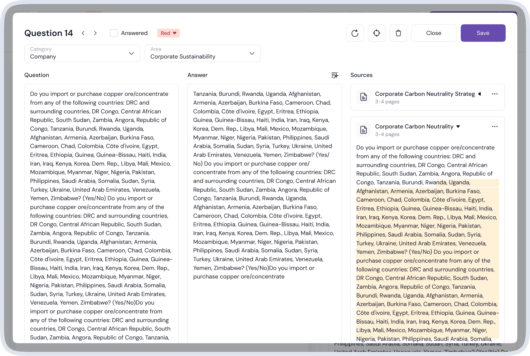 Full-screen review mode for comparing the question, the answer and highlighted fragments of the supporting document