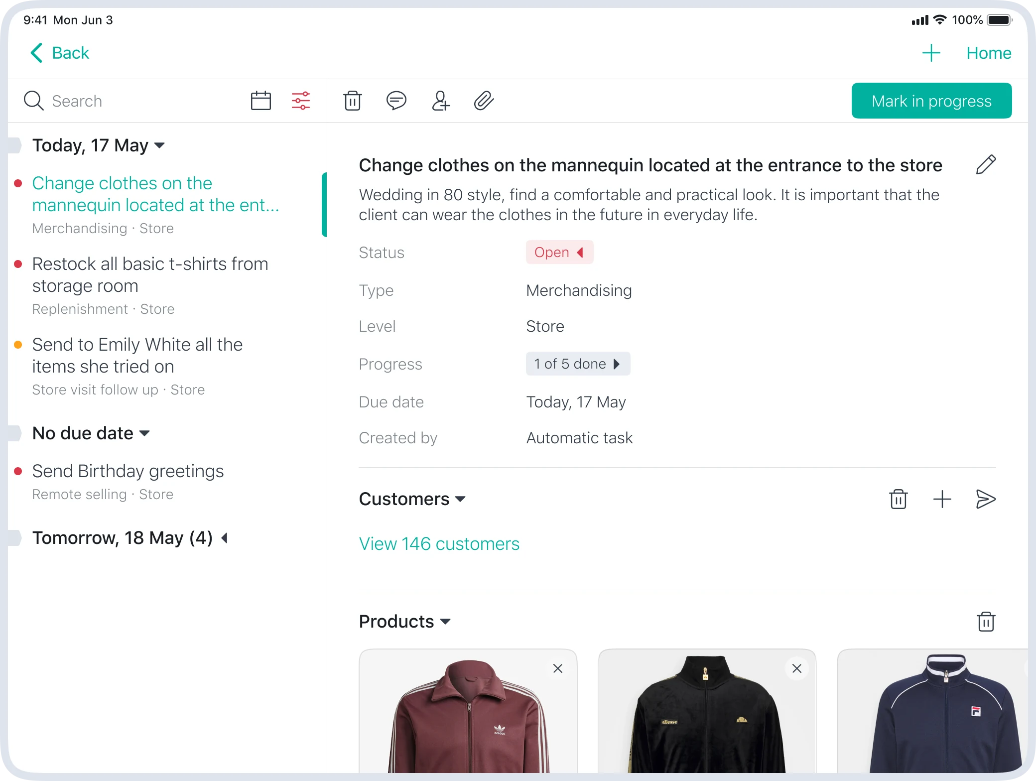 Task list and detail screen on iPad for managing operational tasks on the shop floor