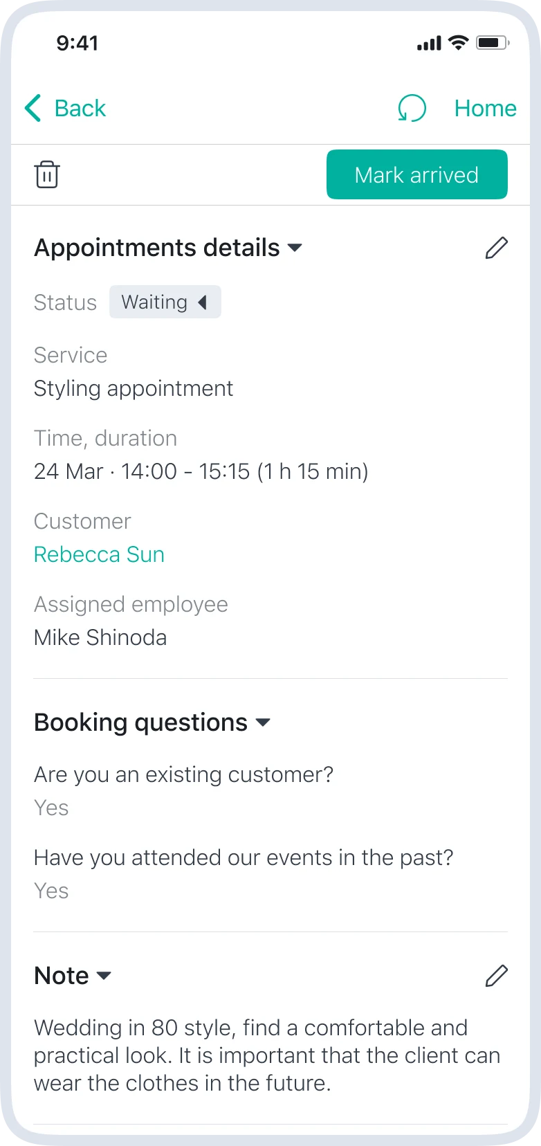 Mobile appointment screen