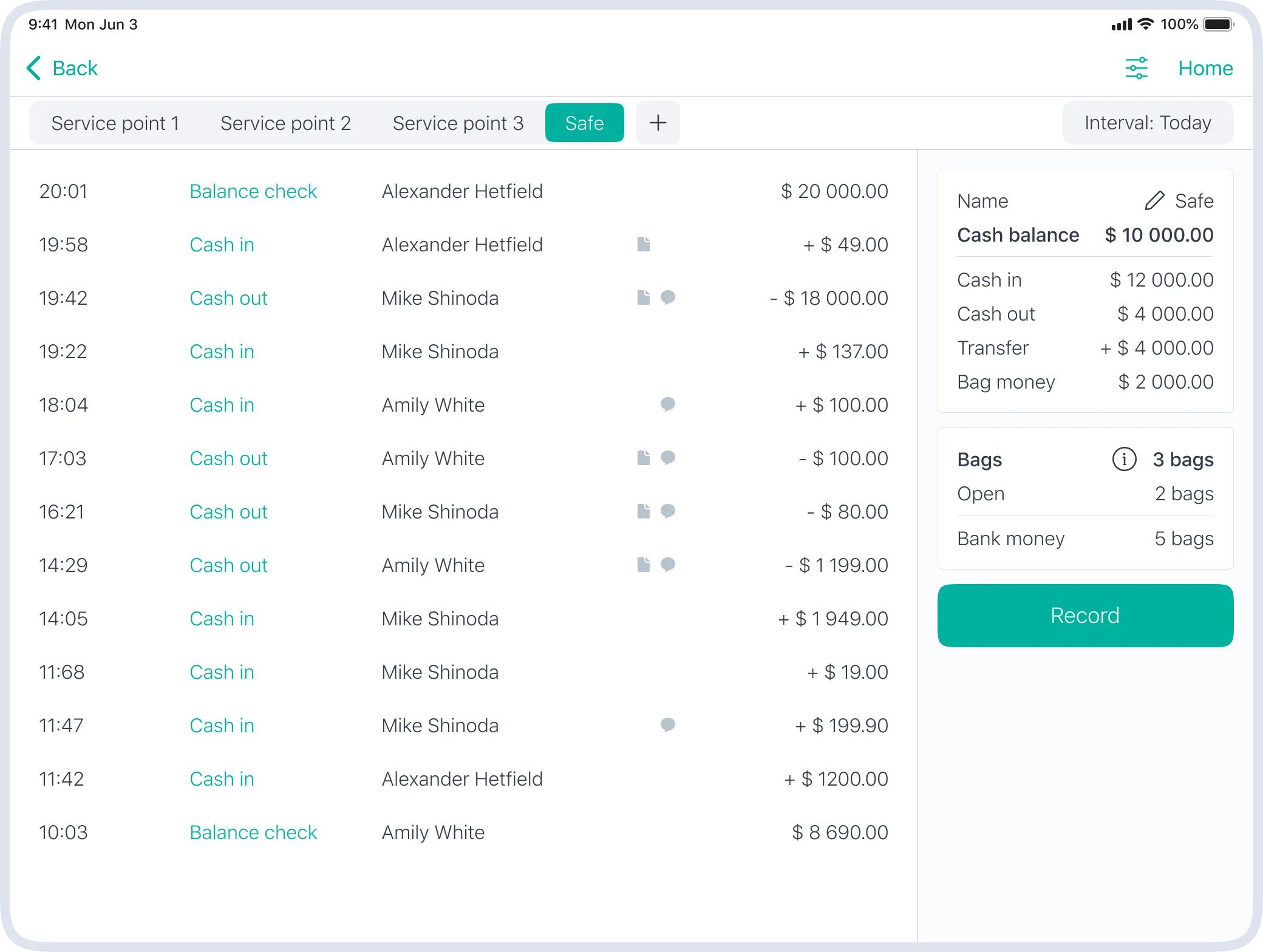 Cash management screen on iPad with transaction history, cash balance, cash bags and key cash operations
