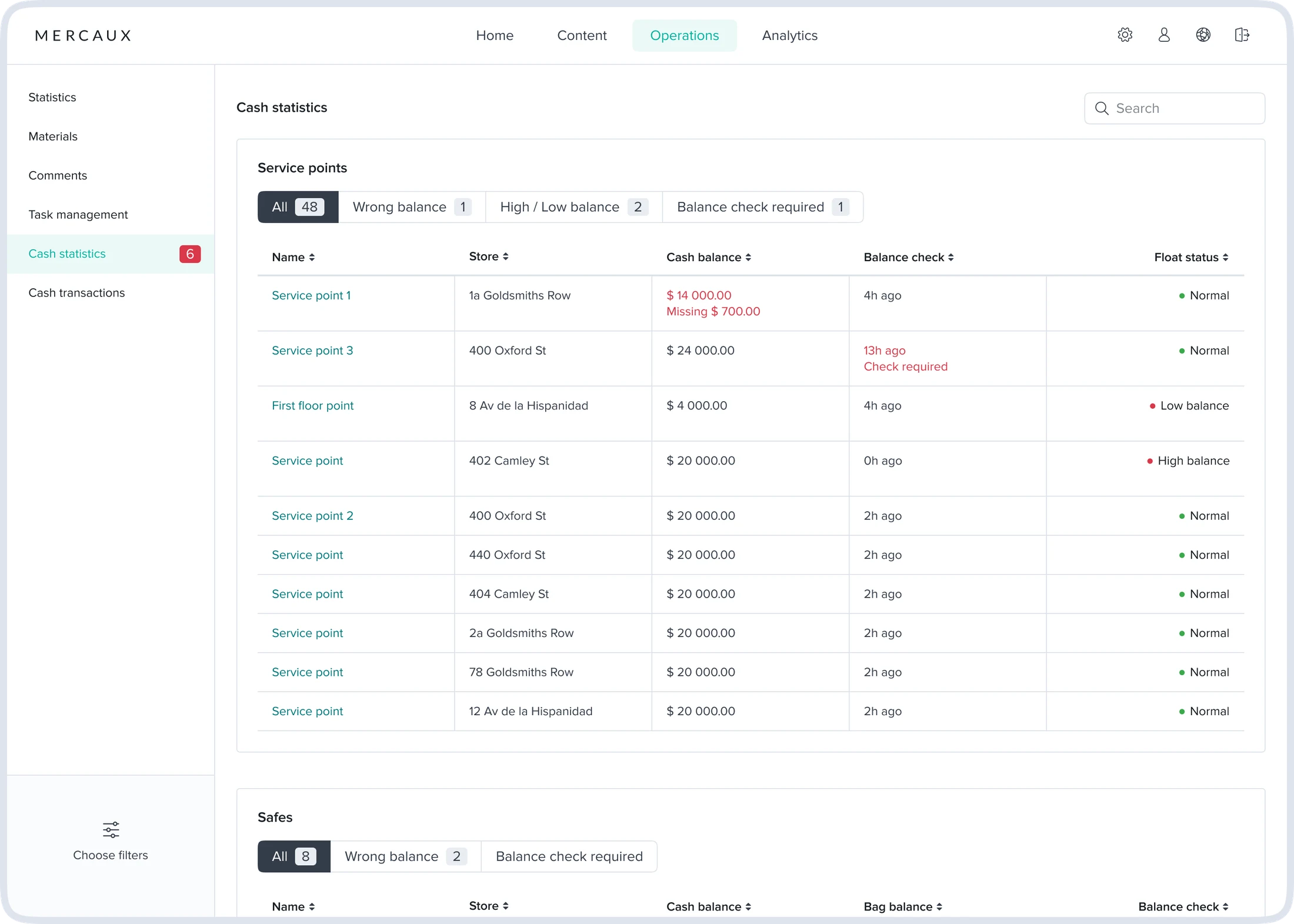 Cash statistics in the web portal: service points, cash balances, balance check status and change fund status