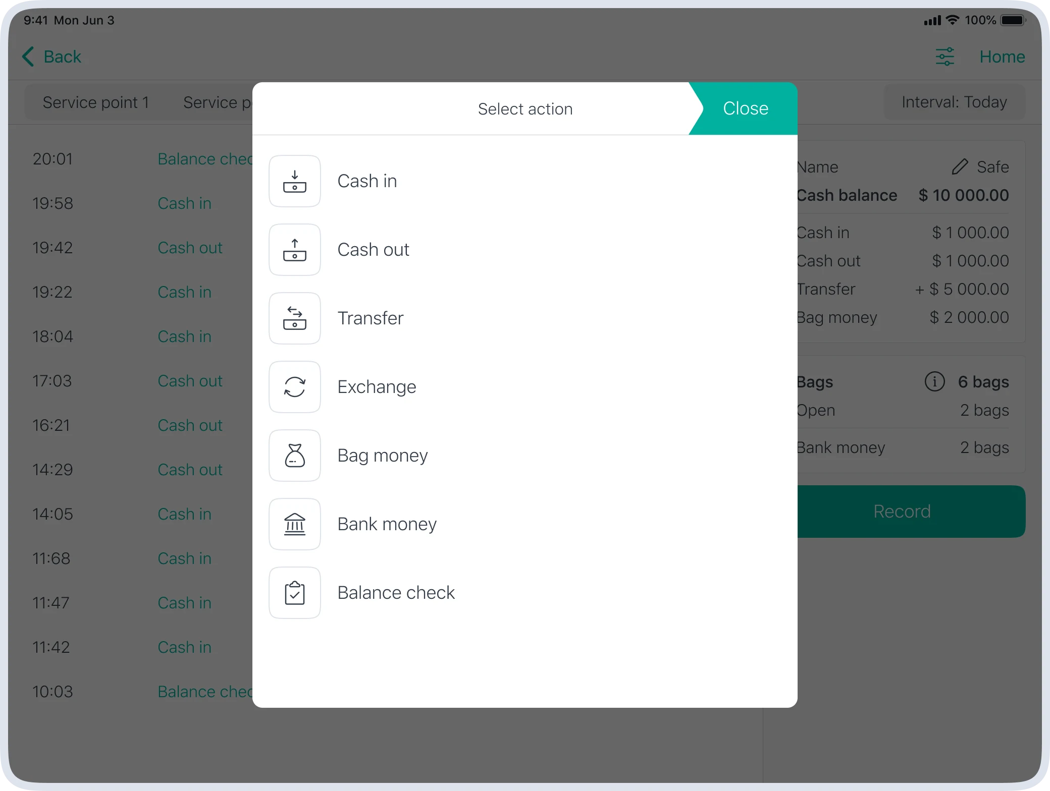 Action selection modal with available cash operations for tills and safes