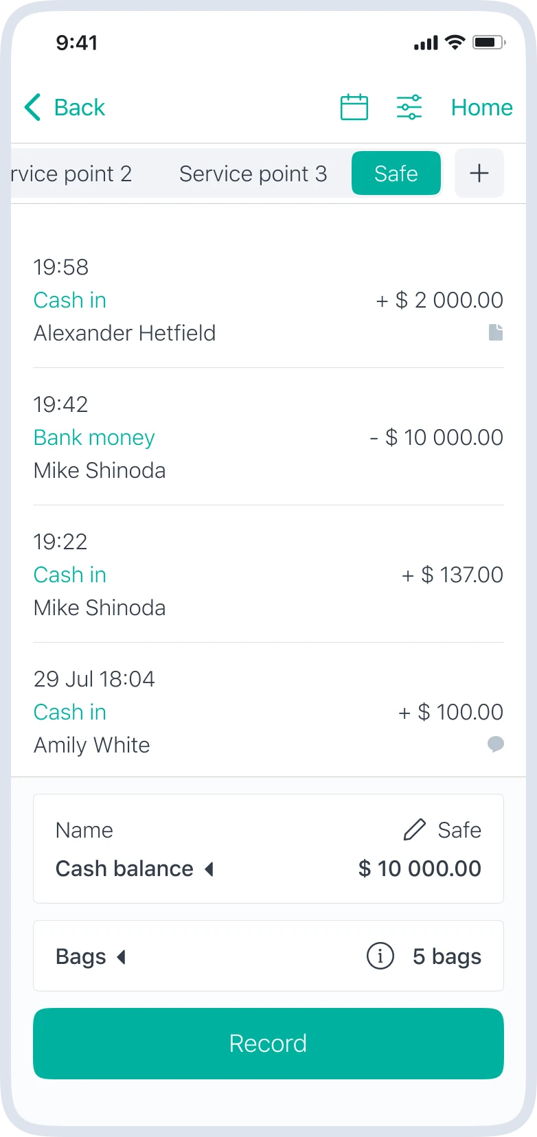 Mobile cash management screen