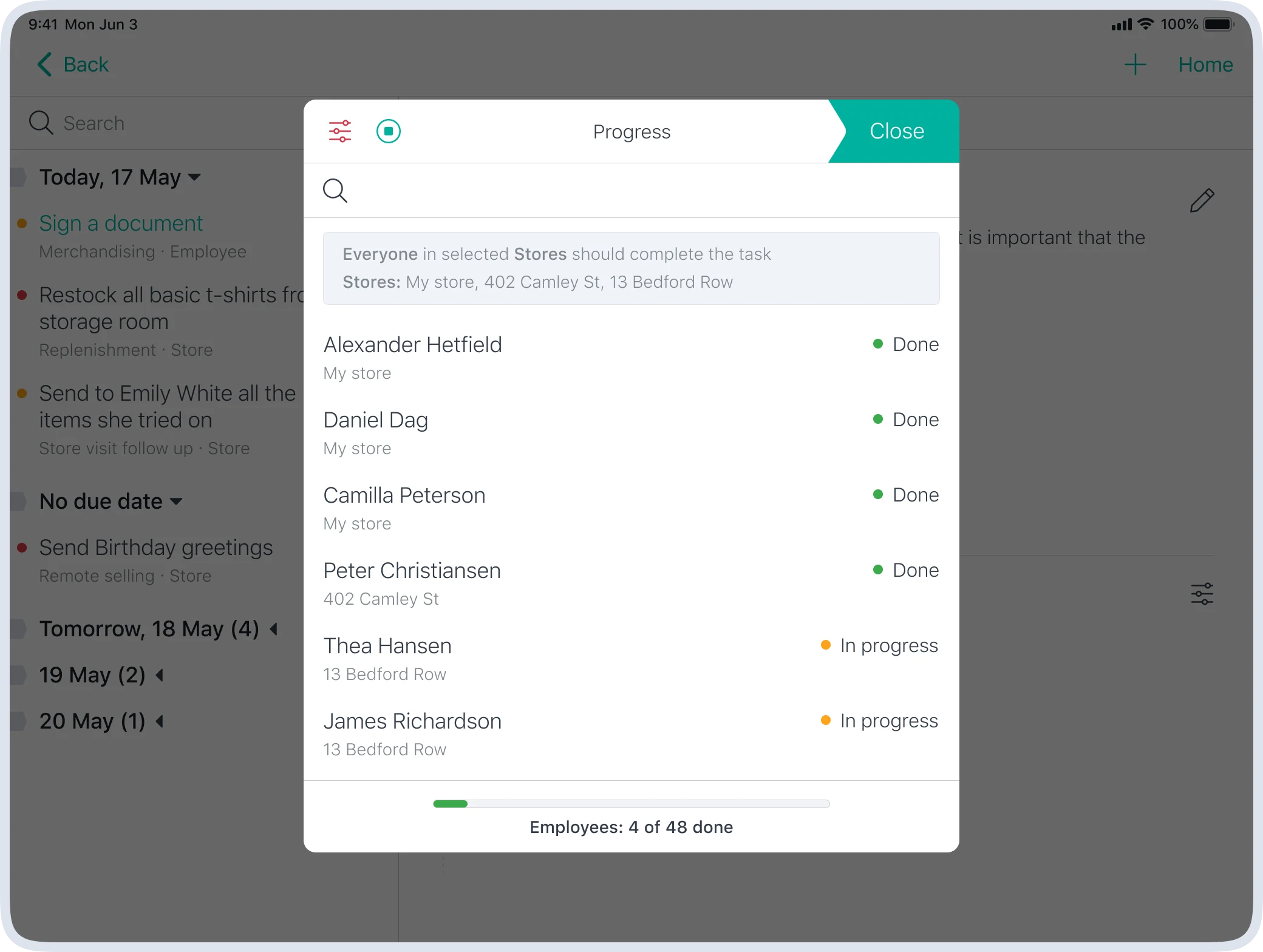 Progress tracking screen showing task completion by employee, store, cluster or role