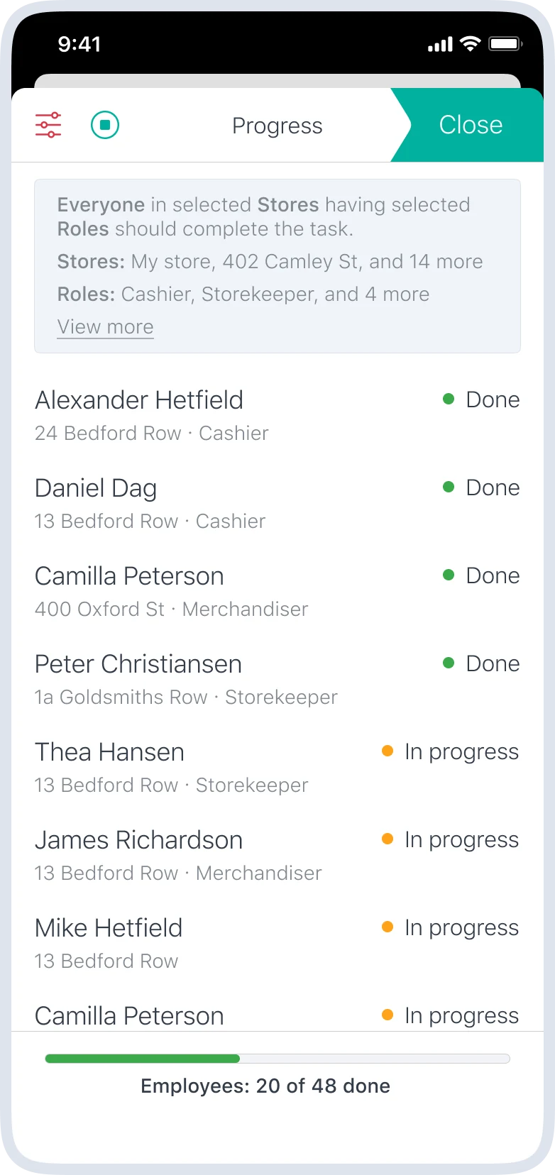 Mobile task screen