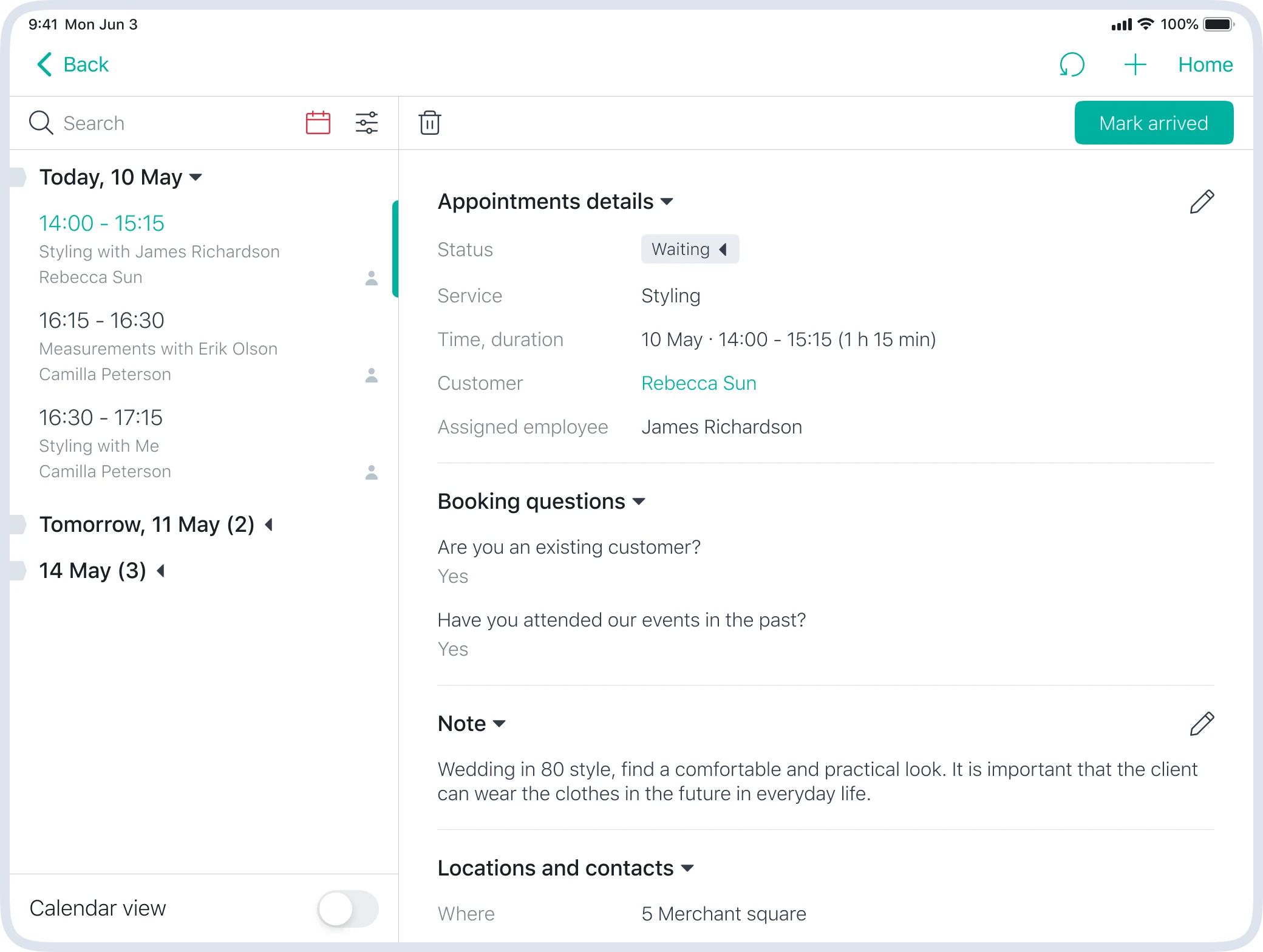 List of appointments with customer details, statuses and key actions