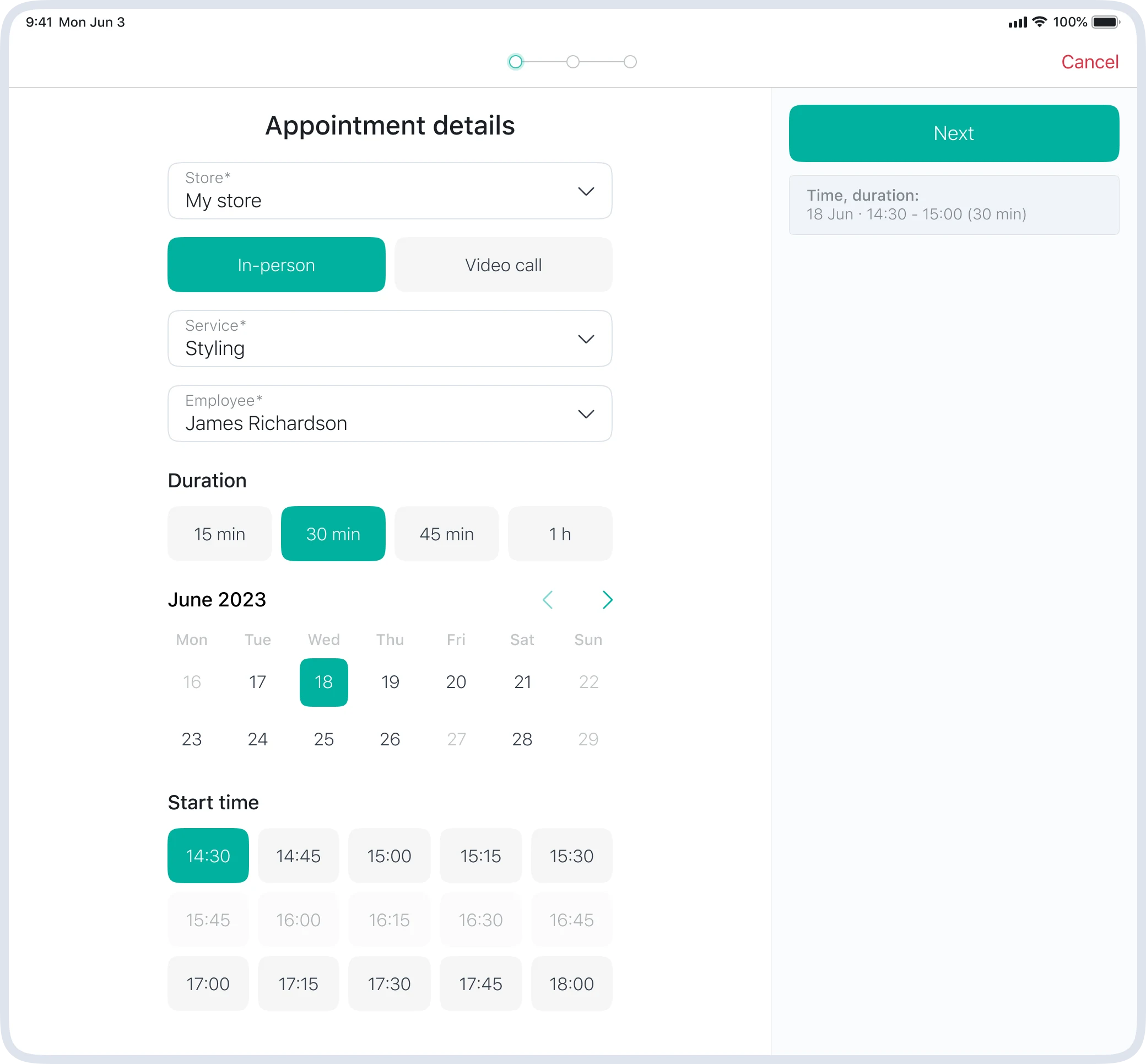 Appointment creation flow with customer information, date, time and assigned employee