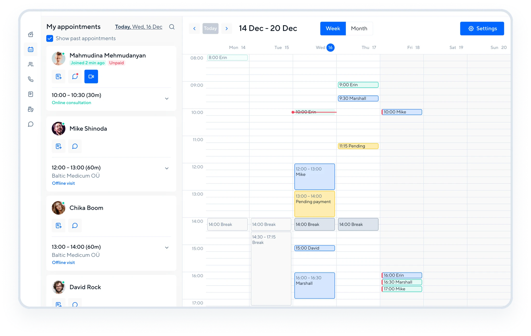 Calendar screen for managing online consultations, offline visits and the doctor’s availability