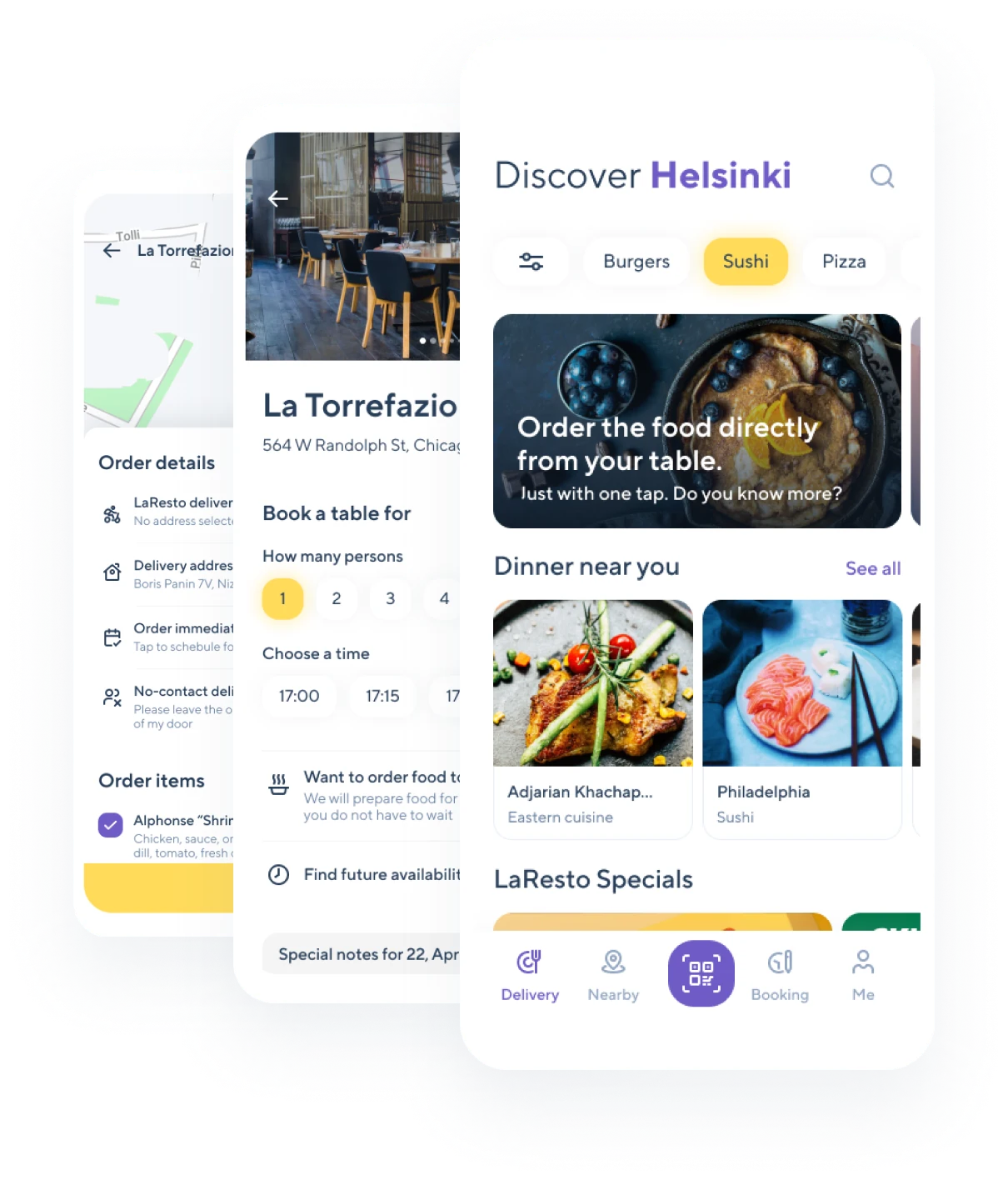 LaResto app screens: order details, restaurant page with table booking, and the home screen